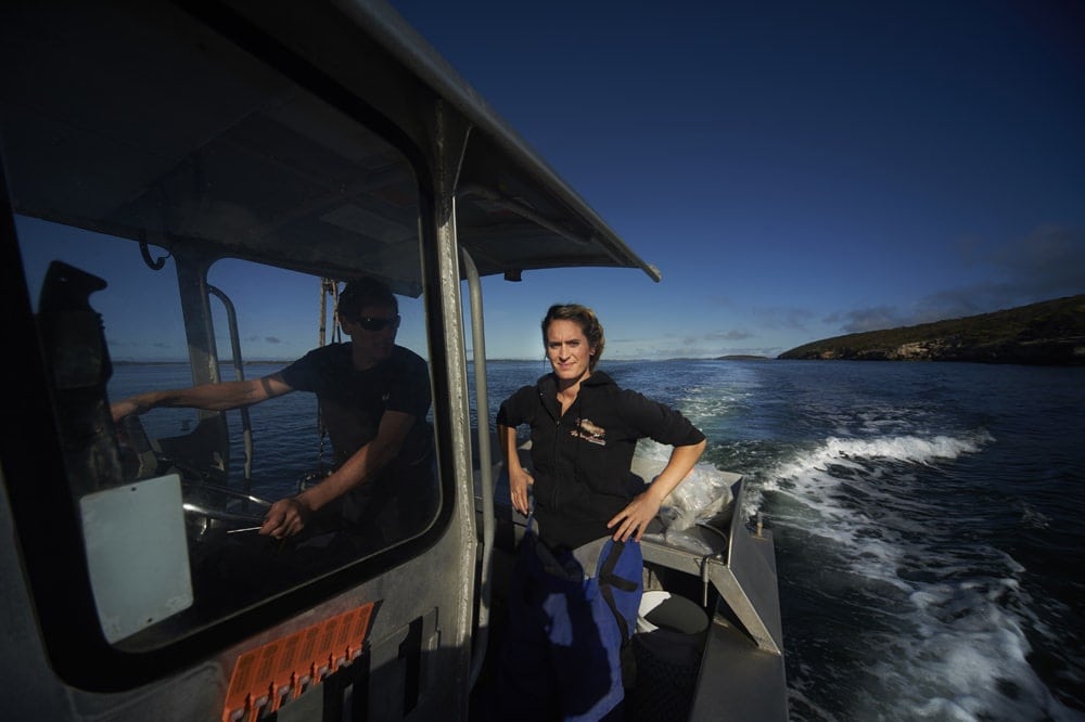 Abalone boat with a female diver in Coffin bay south Australia Women in non traditional occupations Abalone fishing